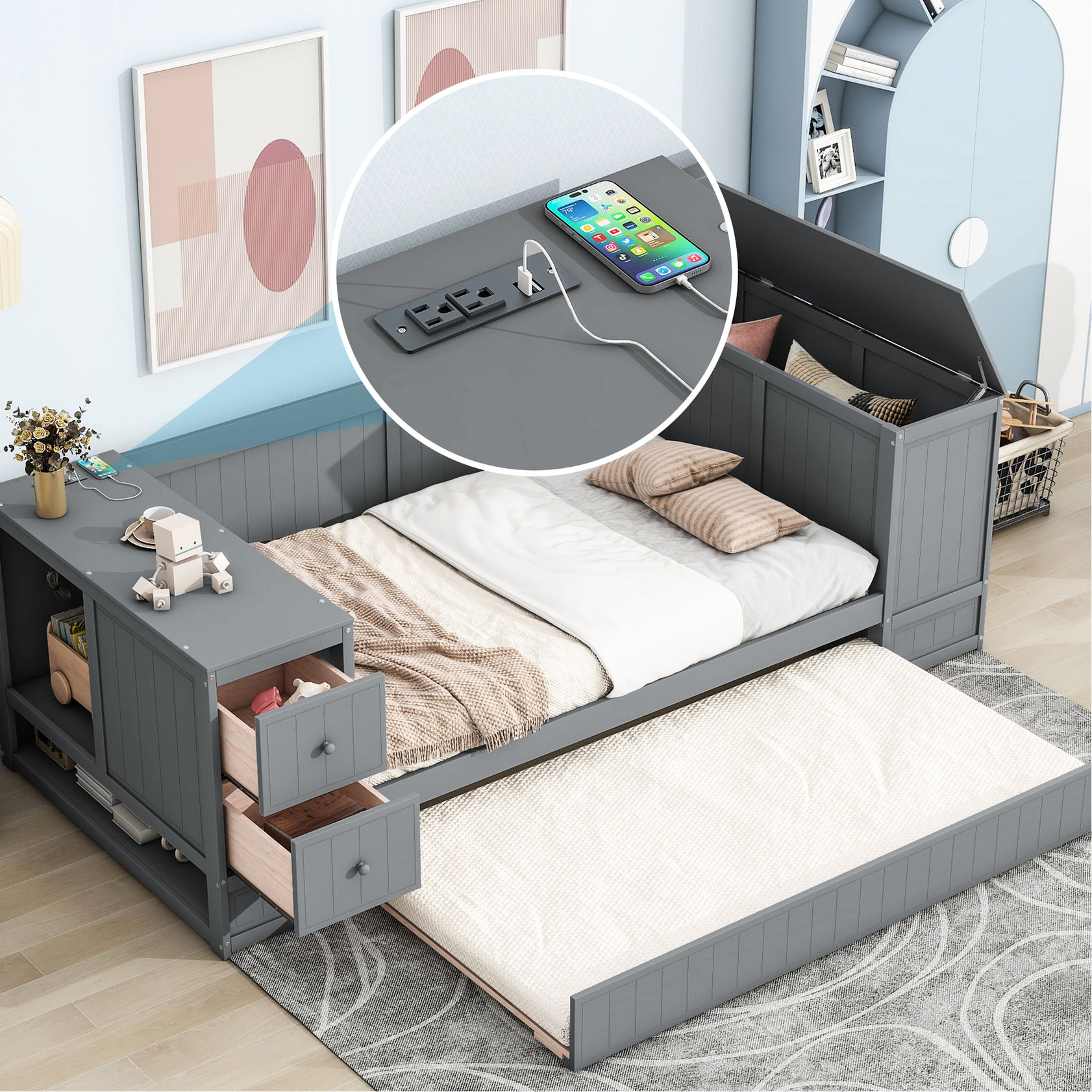 Twin size daybed with storage cabinets and trundle / Store items and ...