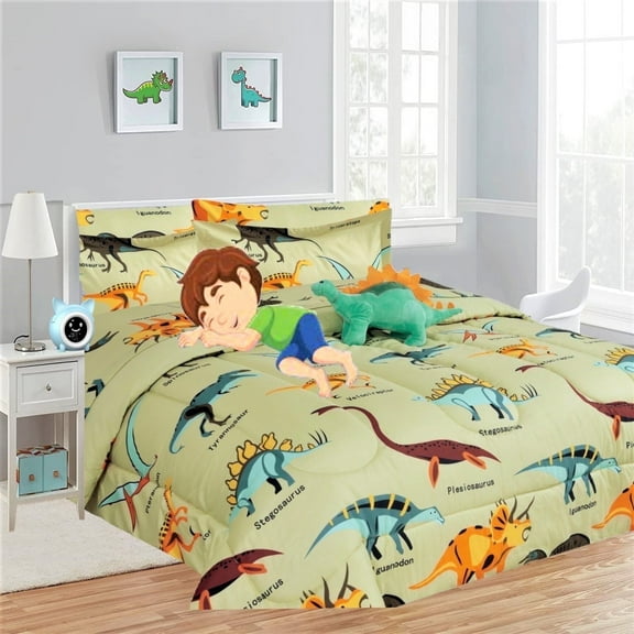 Twin size dinosaur taupe bedding cover bed in bag comforter, sheet set, pillow case stuffed toy for Kids and Teens