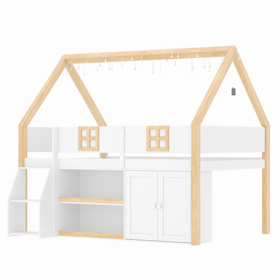 Twin-size low loft bed with Step Staircase, Shelving, Cabinets and LED