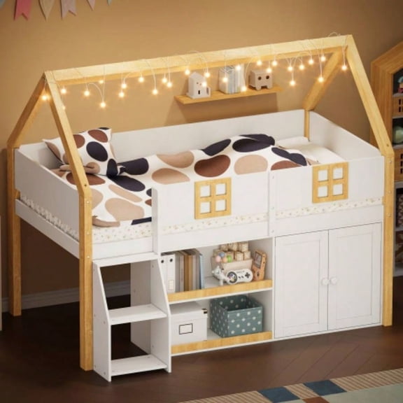 Twin - size low loft bed with Step Staircase, Shelving, Cabinets and lights, White and Natural