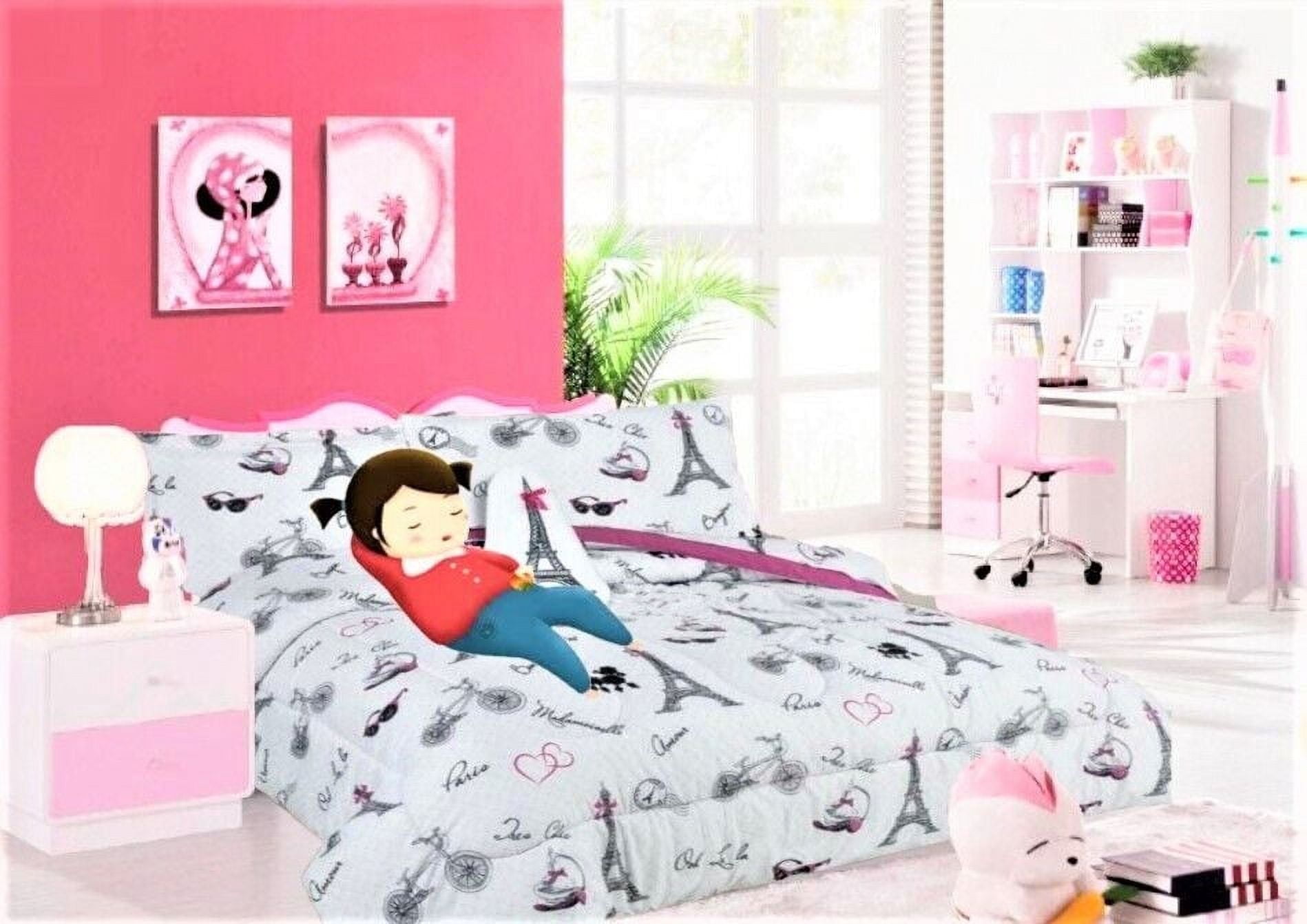Paris Themed Bedding Set Full Size - Pink & Grey Eiffel Tower Comforter With Cherry Blossoms, 2 Pillowcases | Teen Girl Room Decor - View #4