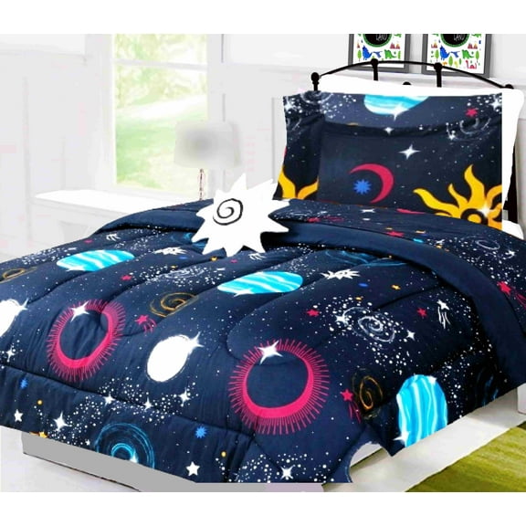 Twin size space galaxy bedding cover bed in bag comforter, sheet set, pillow case stuffed toy for Kids and Teens