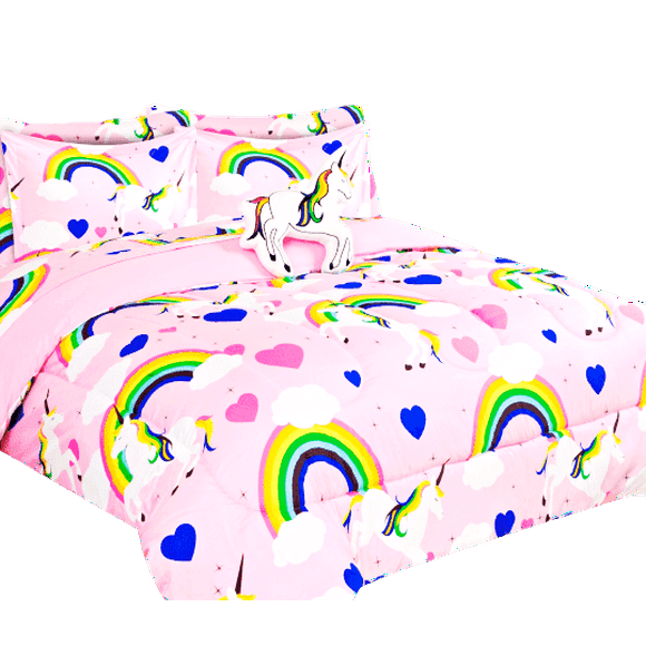 Twin size unicorn lilac bedding cover bed in bag comforter, sheet set, pillow case stuffed toy for Kids and Teens