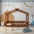 thumbnail image 1 of Twin size walnut wood bed frame with fence - Offers a semi - enclosed area for better sleep and play, 1 of 2