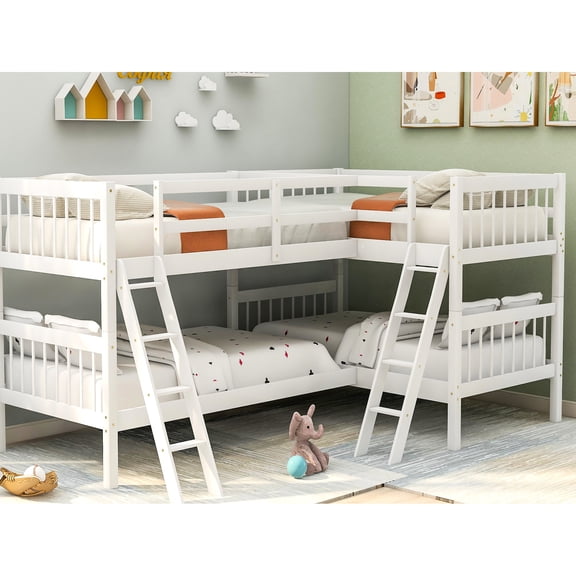 Twin size white L-Shaped bunk bed for family sleepovers is safe, durable and easy to assemble