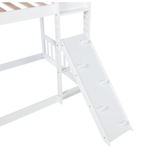 Twin sized floor bunk bed with playhouse design and ramp - Utilizes under - bed space for extra fun and rest