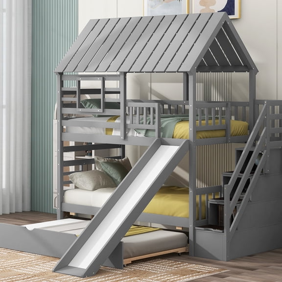 Twin/twin Bunk Bed With Trundle, Gray Roof, And Organized Space Utilization Storage Staircase, Play Area