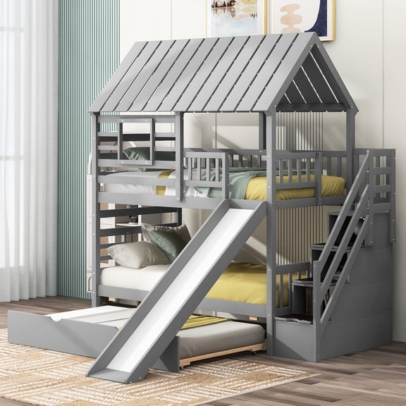 Twin/twin Bunk Bed With Trundle, Slide, And Gray Modern Space Saving Stylish Storage