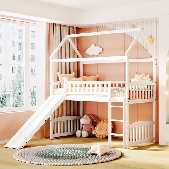 Twin white loft bed with slide features a sturdy frame for long - term use and space - saving design