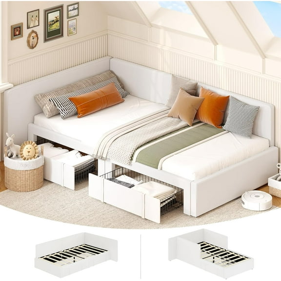 Twin with Storage Drawers, Velvet Upholstered Corner Bed Frame, Adjustable Headboard & Guardrails, Beige