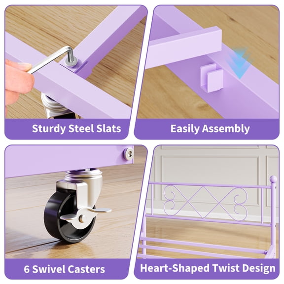 Twin with Trundle. Metal Bed Frame with Heart Shaped Headboard. Steel Slat Support. Purple