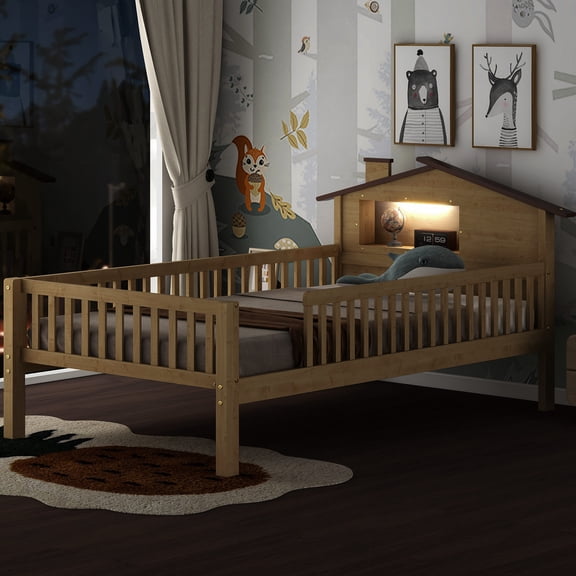 Twin wood bed with LED, guardrails and rustic design - Beautify bedroom with functionality