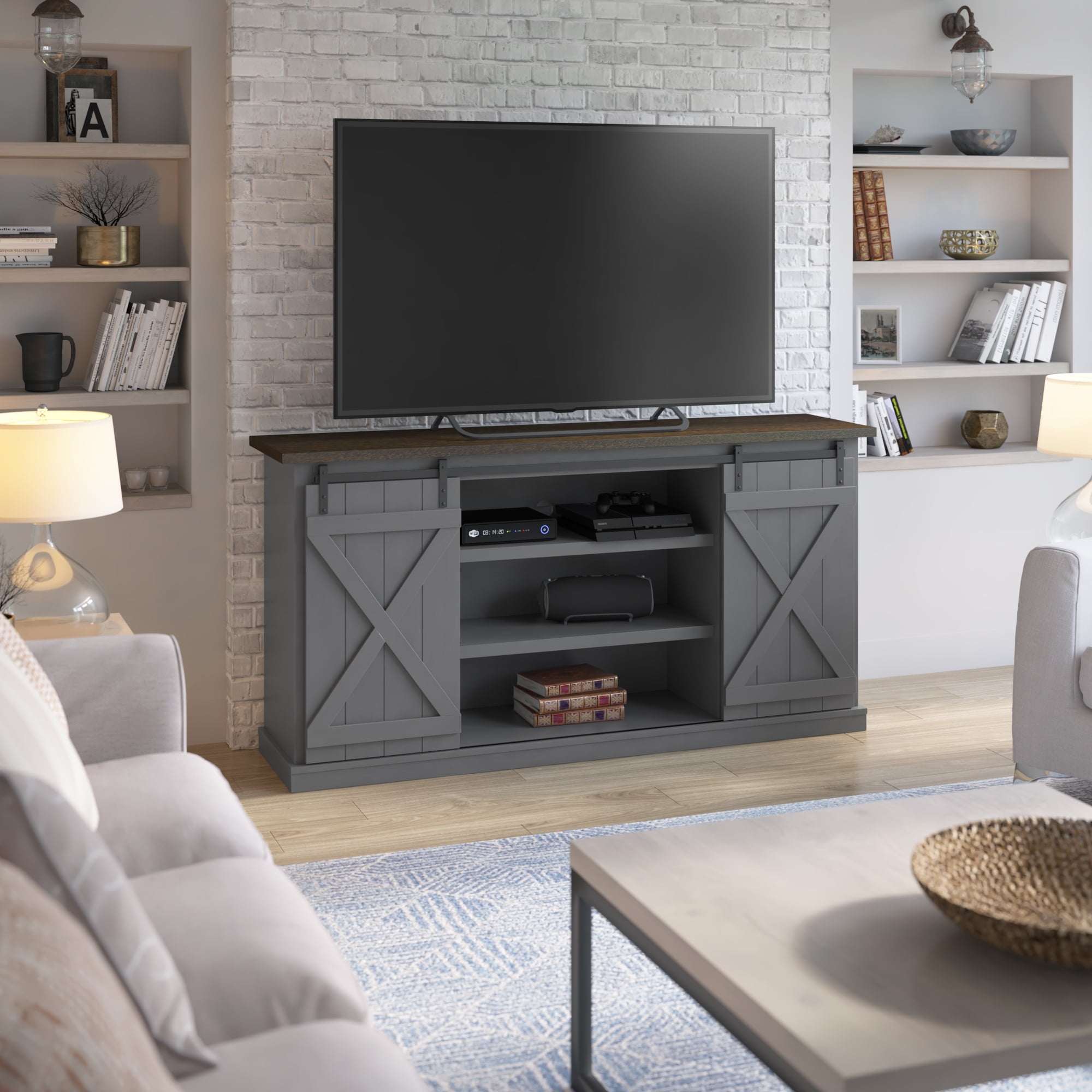 TwinStar Home Farmhouse TV Stand with Sliding Barn Doors for TVs