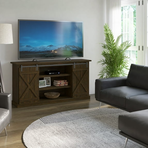 TwinStar Home Farmhouse TV Stand with Sliding Barn Doors for TVs up to 70", Sawcut Espresso