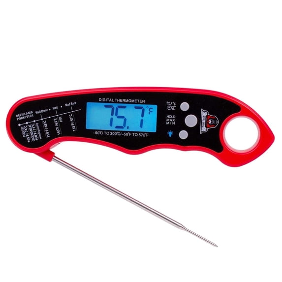 TwinTech Instant Read Meat Thermometer 1-2 Sec Water Resistant, Backlit, Magnetic, Foldable Probe for Kitchen, Grill, Candy, Liquids (Red)
