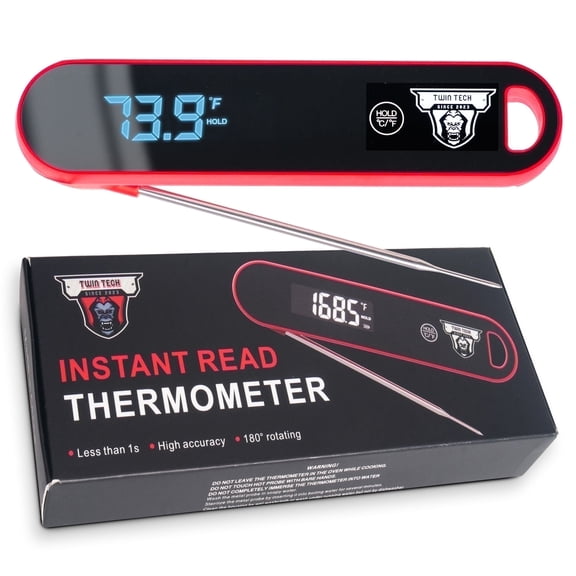 TwinTech Meat Thermometer Digital Instant Read, Waterproof Food Thermometer with Foldable Probe, Magnet & Backlight for Cooking, Grilling, BBQ, Smoker, Oven & Candy, AAA Battery, Red