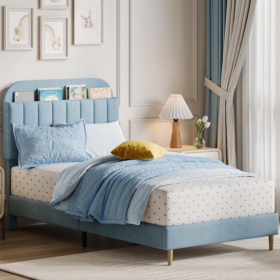 TwinXL Bed Frame with Storage Headboard, Girls Bed Frame with 2 Drawers, Velvet Platform Bed Mattress Foundation, Heavy Duty Steel Support Legs, Easy Assembly, No Box Spring Needed