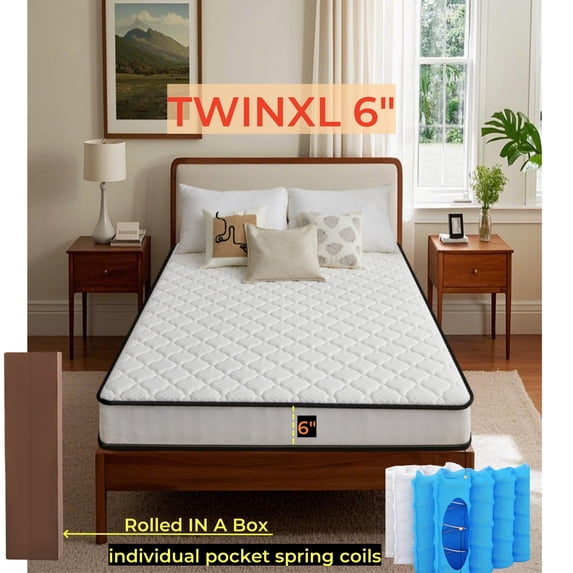 TwinXL Size 6-Inch Hybrid Mattress – Gel Memory Foam with Individually Pocketed Springs, Medium Firm Feel, Compressed in a Box. Delivers Cool Sleep, Pressure Relief & Motion Isolation, CertiPUR-US Ce