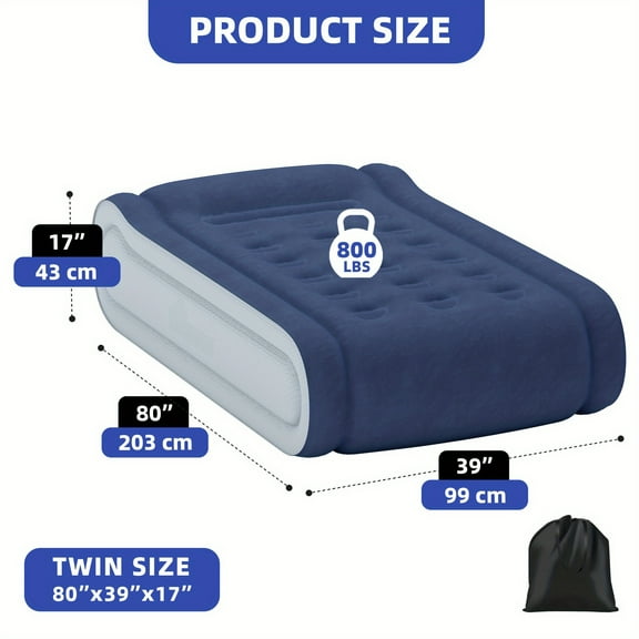 TwinXL/Queen Air Mattress - 800LB Capacity & Built-in Pump with Pillow. Self-Inflating for Home, Camping & Travel in Blue/White.