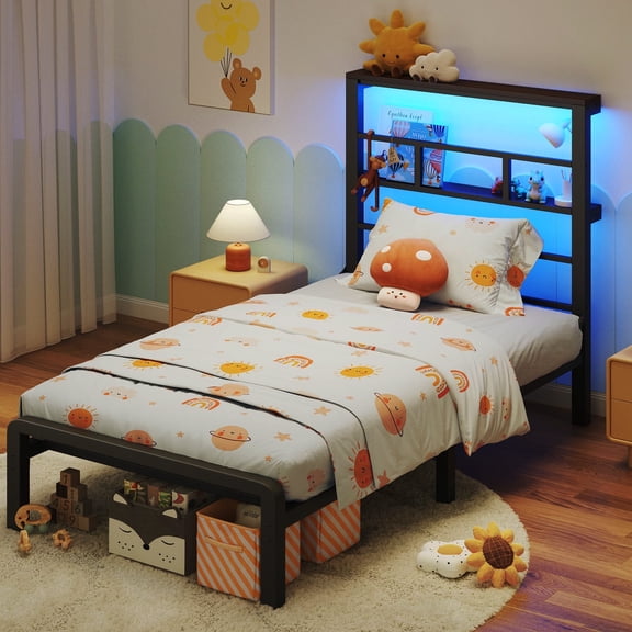 Patbrela Twin XL Size Bed Frame with 49.2-Inch LED High Headboard and 2-Tier Storage, Metal Platform Bed, Black