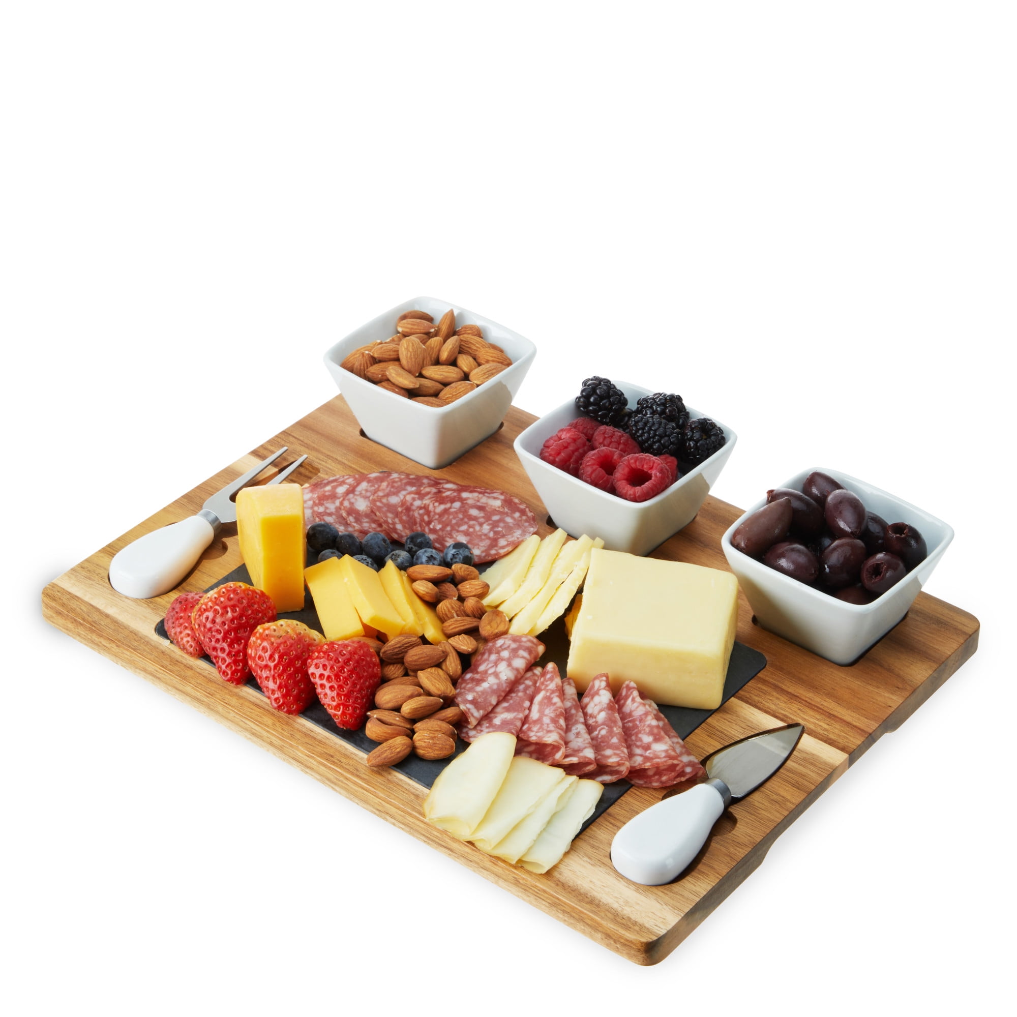 Acacia Wood and Slate Cheese Board Set with Ceramic Bowls