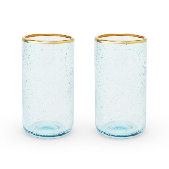Twine Aqua Bubble Gold Rimmed Glass Tumblers, Glass Drinkware 16oz Set of 2