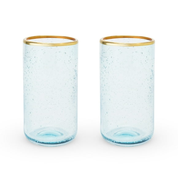 Twine Aqua Bubble Gold Rimmed Glass Tumblers, Glass Drinkware 16oz Set of 2