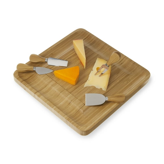 Twine Bamboo Cheese Board and Knife Set, Charcuterie Snack Tray, Set of 4