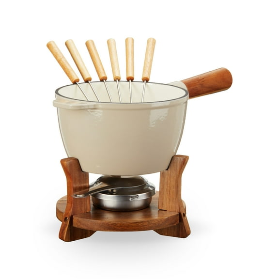Twine Beige and Wood Cast Iron Fondue Set for Cheese and Chocolate Fondue