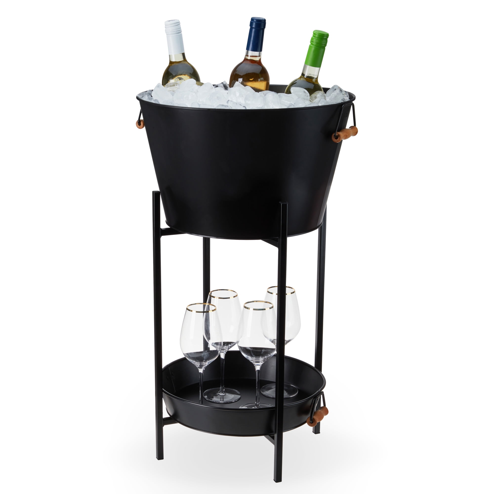 Twine Black Beverage Tub with Stand Galvanized Tubs for Drinks with Tray and Acacia Wood