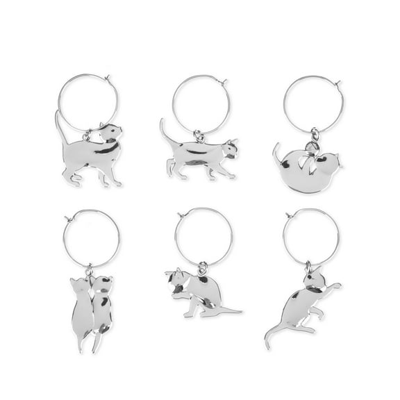 Twine Cat Wine Charms, Drink Markers for Stemmed Glasses, Set of 6, Silver