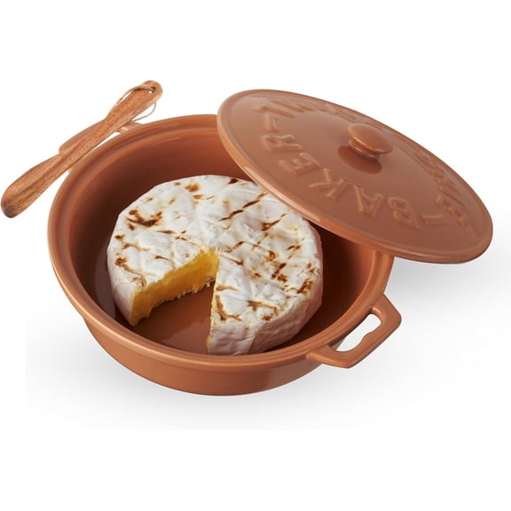 Ceramic Brie Baker with Wood Spreader, Brie Baking Tools with Lid Bakeware Sets, Terra Cotta Ceramic, Kitchen Set of 1