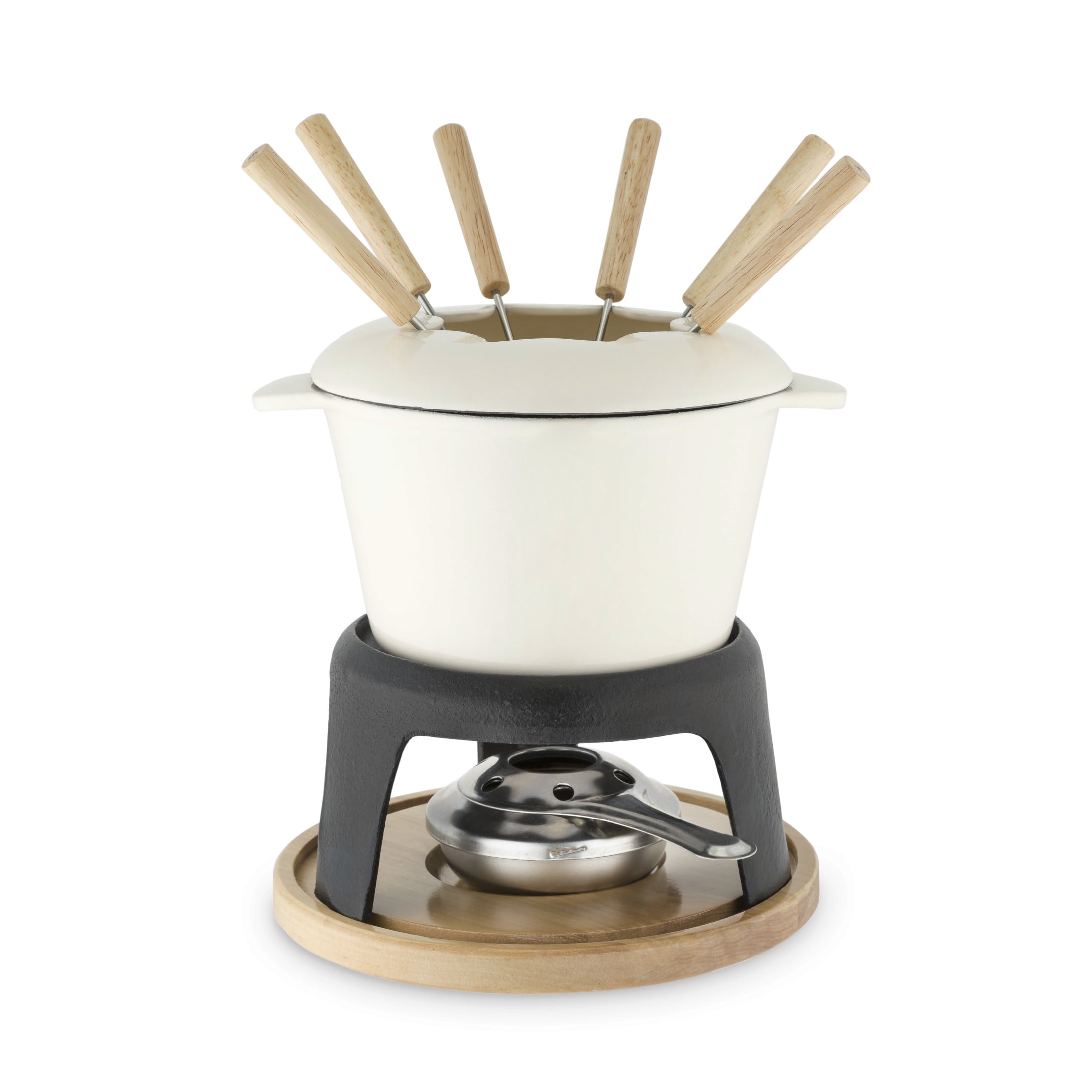 Off-White Cast Iron Fondue Set with Wood Base