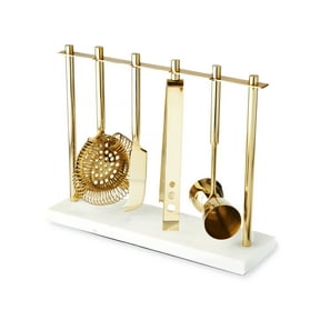 Twine Gold Bar Set with Stand Strainer, Citrus Knife Tongs Jigger, Set of 4