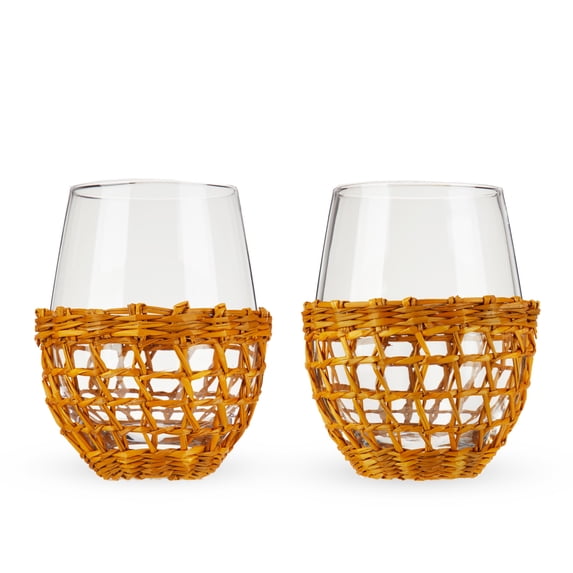 Twine Island Stemless Wine Glasses with Seagrass Wrap Covers, 16oz Set of 2