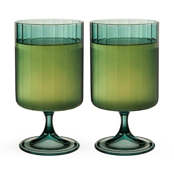 Twine Malachite Stemmed Optic Goblet Tumblers, Vintage Ribbed Drinking Glasses for Cocktails, Wine, Juice, Iced Coffee, Elegant Glassware, Home Bar Accessories, 12 oz, Set of 2, Green