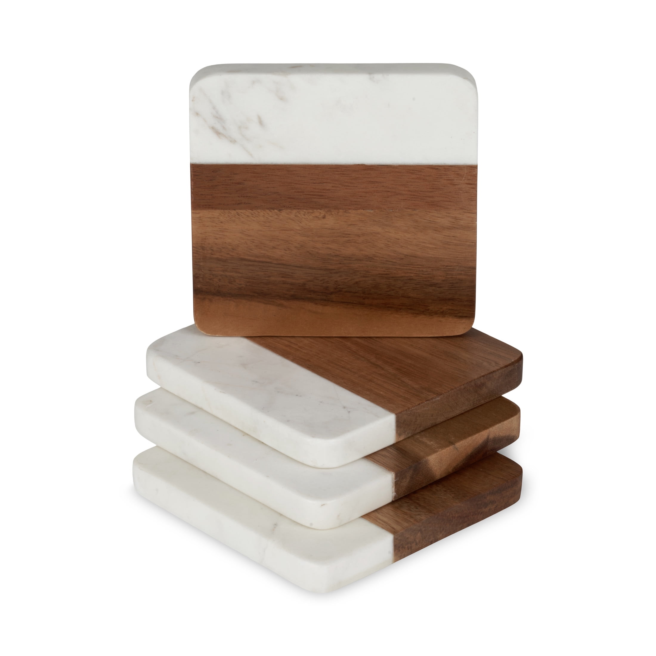 Modern Square Marble and Acacia Wood Coaster Set