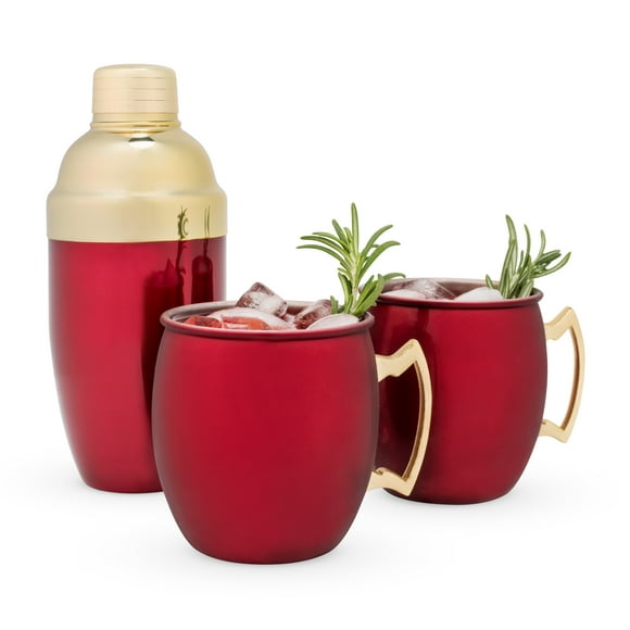 Twine Red Moscow Mule Copper Mugs and Cocktail Shaker Gift Set, Mule Mugs