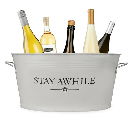 Twine Stay Awhile White Painted Galvanized Ice Bucket, Party Beverage Tub