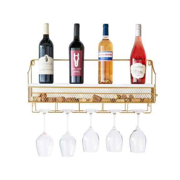 Twine Wall Mounted Wine Rack with Cork Holder, Home Bar Décor, Gifts, Gold
