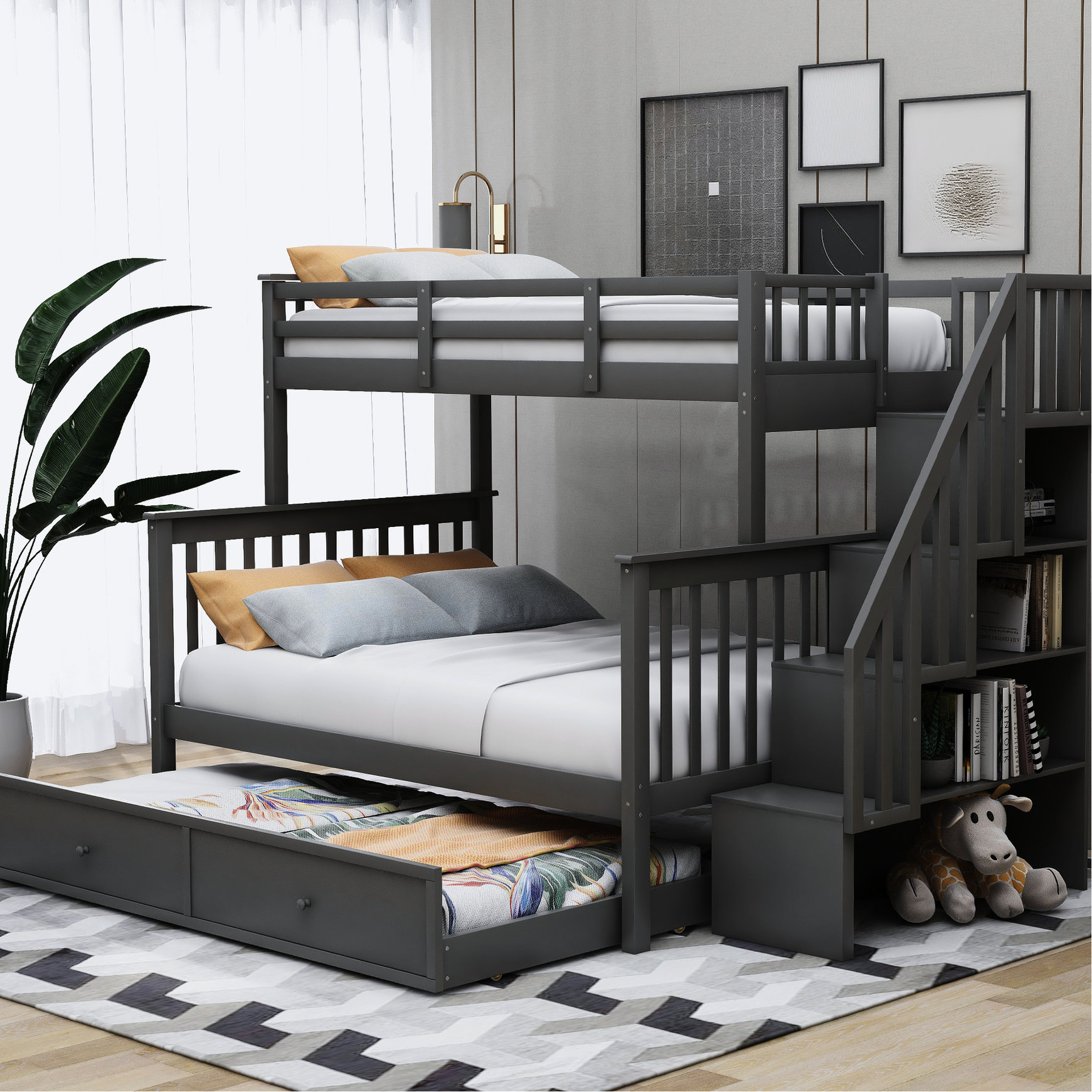 Twinfull Bunk Bed With Twin Size Trundle & Storage, Guard Rail, Gray ...