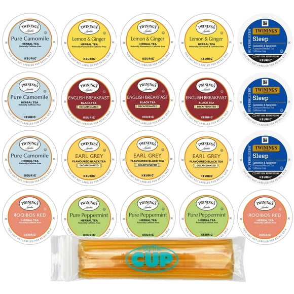 Twinings 20 Count Herbal & Decaffeinated Sampler Assorted Keurig 2.0 K-Cups with By The Cup Honey Sticks