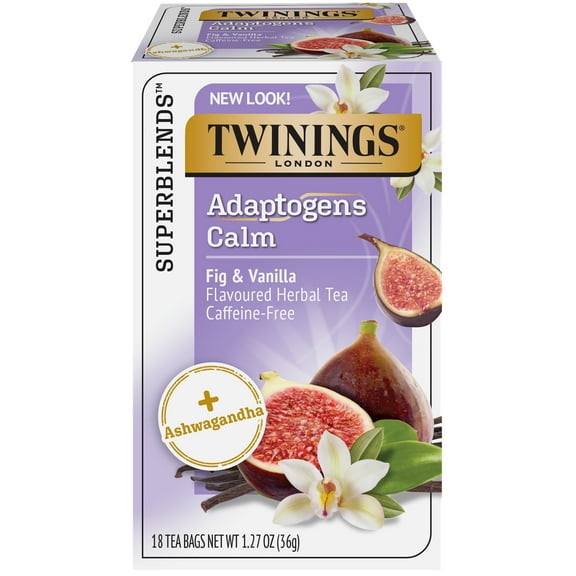 Twinings Adaptogens Calm+ Ashwagandha, Fig & Vanilla Herbal Tea Bags, Caffeine Free, 18 Count Box