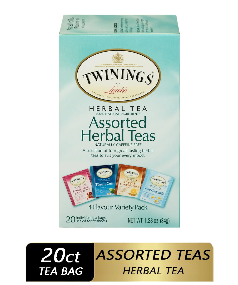 Twinings Assorted Herbal Teas Bags, 4 Flavour Variety Pack, Caffeine Free, 20 Count Box