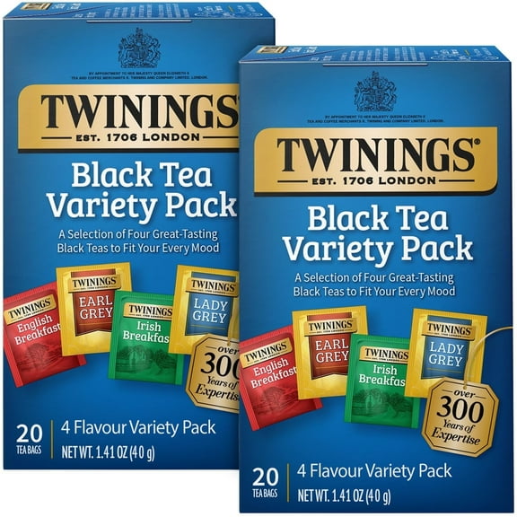 Twinings Black Tea Variety 2-Pack with Earl Grey Tea, English Breakfast Tea, Irish Breakfast Tea, and Lady Grey Tea Bags, Individually Wrapped, 20 Count Each