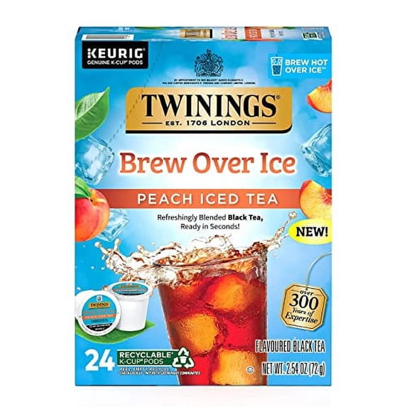 Twinings Brew Over Ice Unsweetened Peach Flavoured Black Iced Tea K-Cup Pods for Keurig, Caffeinated, 24 Count (Pack of 1)