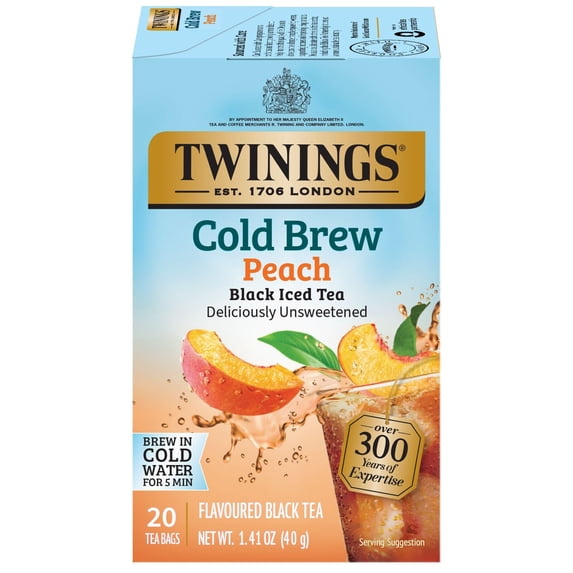 Twinings Cold Brewed Iced Tea Bags, Peach - Ready in 5 Minutes, Flavoured Black Tea Cold Brew Bags, Caffeinated, Unsweetened, 20 Count