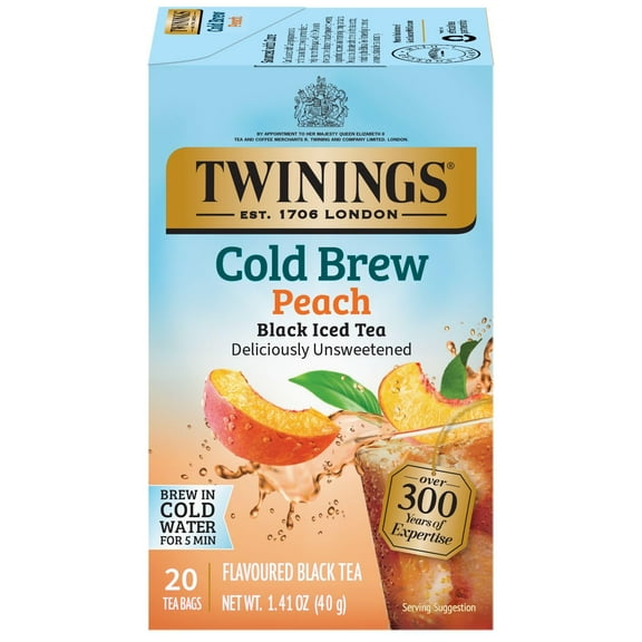 Twinings Cold Brewed Iced Tea Bags, Peach - Ready in 5 Minutes, Flavoured Black Tea Cold Brew Bags, Caffeinated, Unsweetened, 20 Count