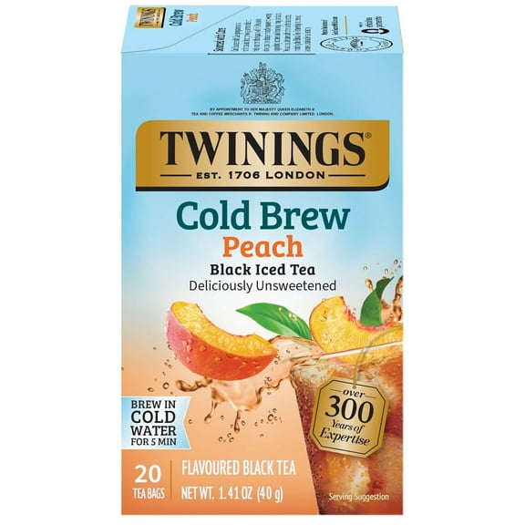 Twinings Cold Brewed Iced Tea Bags, Unsweetened Peach Black Tea, 20 Count Box