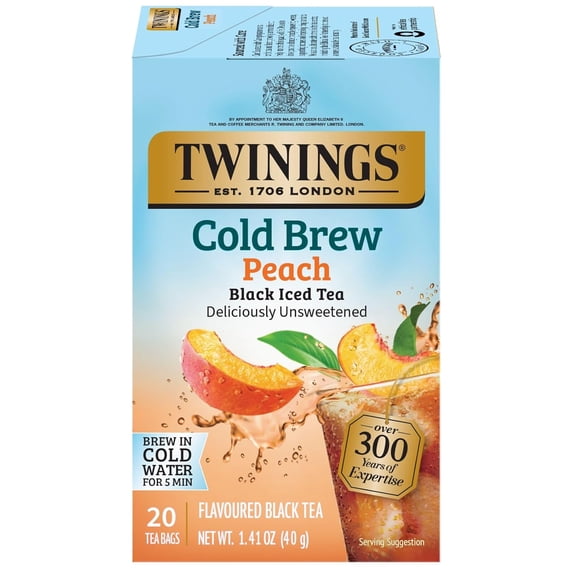 Twinings Cold Brewed Iced Tea Bags, Unsweetened Peach Black Tea, 20 Count Box